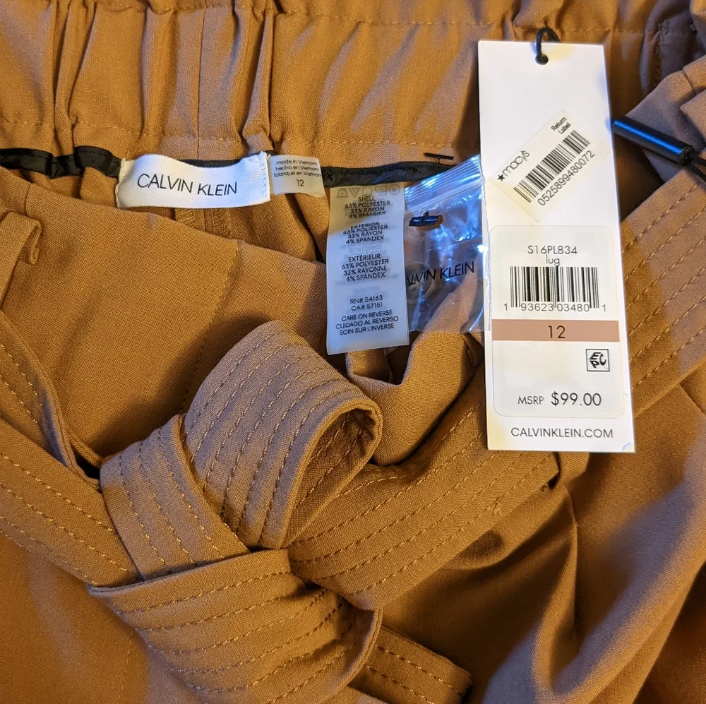 Calvin Klein NWT Suit Pants Tie Waist And Zipper Button Brown Women's Size 12